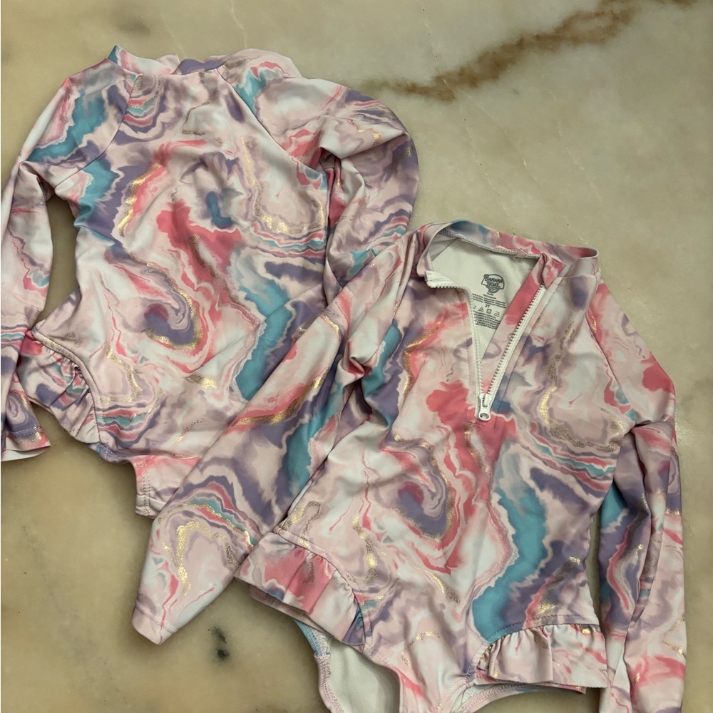 Twin bathing suits!!banana boat Pink Blue Purple Marble Zip Front Rash Guard